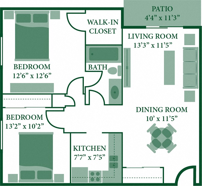 Floor plan for 2 beds, 1 bath, 750 sqft